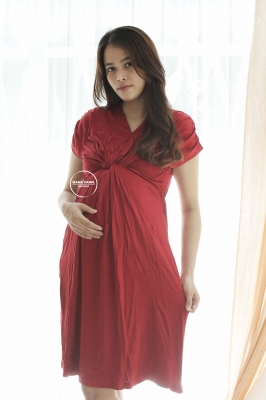 Racheline Dress Baju Ibu Hamil Menyusui Polos Katun Kaos - DRO 939 Merah